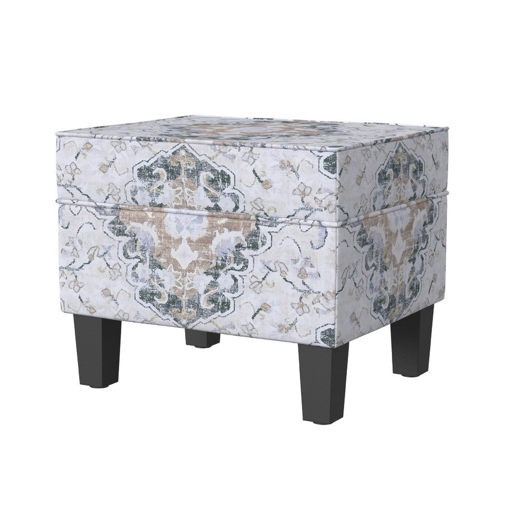 Ishi Accent Storage Ottoman, 22 Inch White Blue Print, Black Wood Legs -BM334444