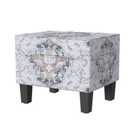 Ishi Accent Storage Ottoman, 22 Inch White Blue Print, Black Wood Legs -BM334444