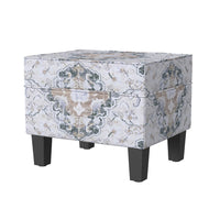 Ishi Accent Storage Ottoman, 22 Inch White Blue Print, Black Wood Legs -BM334444
