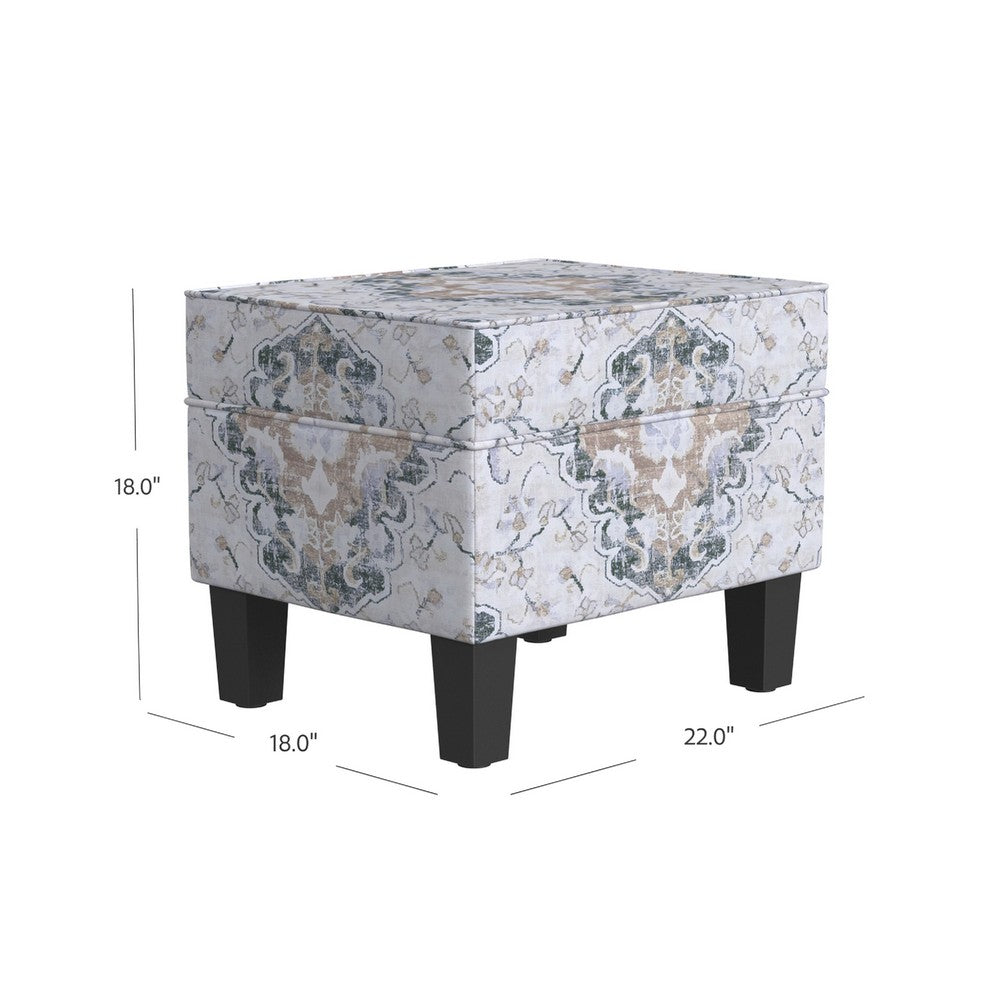 Ishi Accent Storage Ottoman, 22 Inch White Blue Print, Black Wood Legs -BM334444
