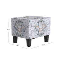 Ishi Accent Storage Ottoman, 22 Inch White Blue Print, Black Wood Legs -BM334444