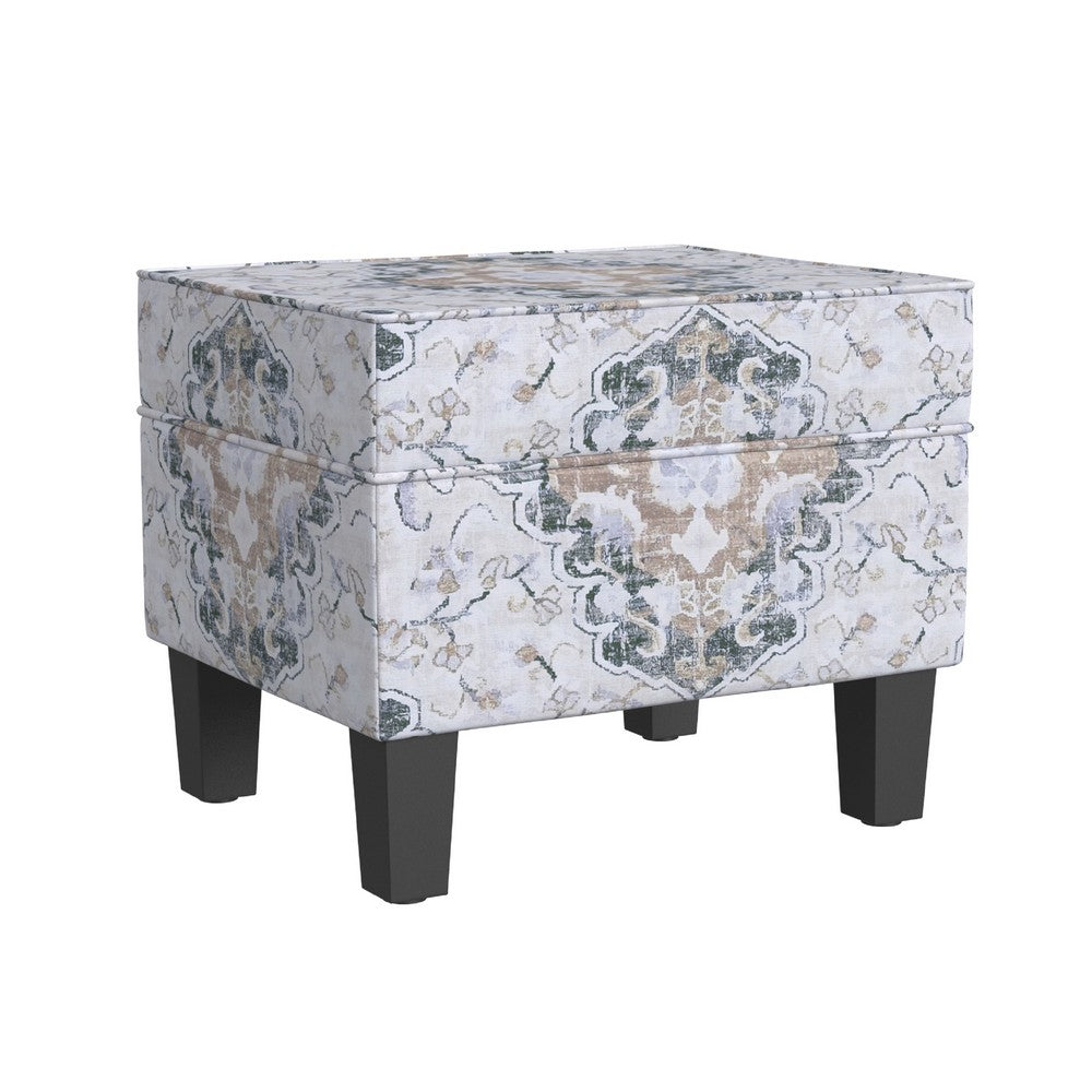 Ishi Accent Storage Ottoman, 22 Inch White Blue Print, Black Wood Legs -BM334444