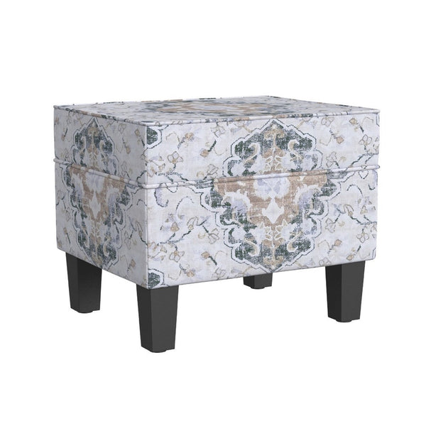 Ishi Accent Storage Ottoman, 22 Inch White Blue Print, Black Wood Legs -BM334444