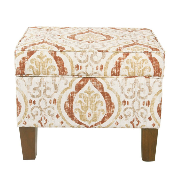 Ishi Accent Storage Ottoman, 22 Inch Orange and Beige Paisley Design -BM334445