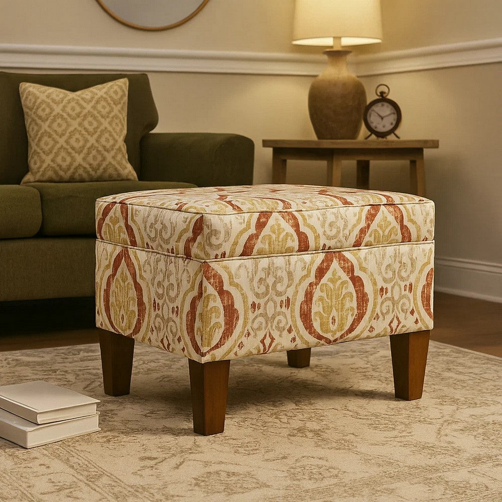 Ishi Accent Storage Ottoman, 22 Inch Orange and Beige Paisley Design -BM334445