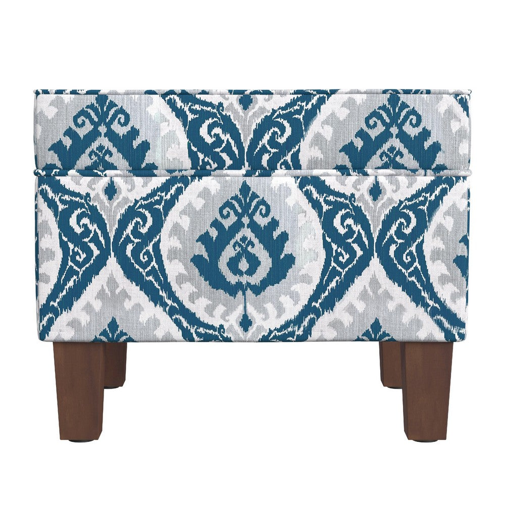 Ishi Accent Storage Ottoman, 22 Inch Blue White Ikat Paisley Pattern -BM334446