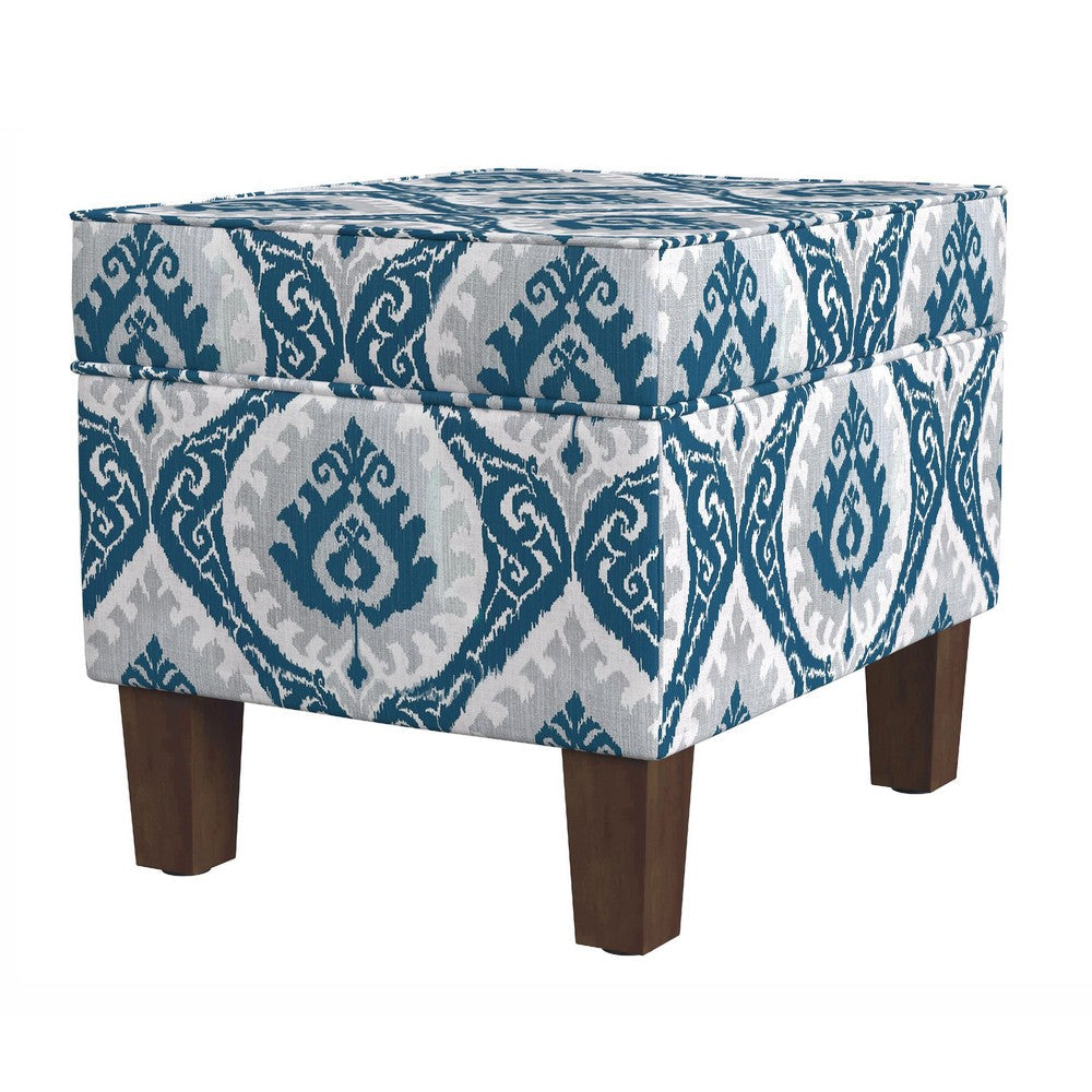 Ishi Accent Storage Ottoman, 22 Inch Blue White Ikat Paisley Pattern -BM334446