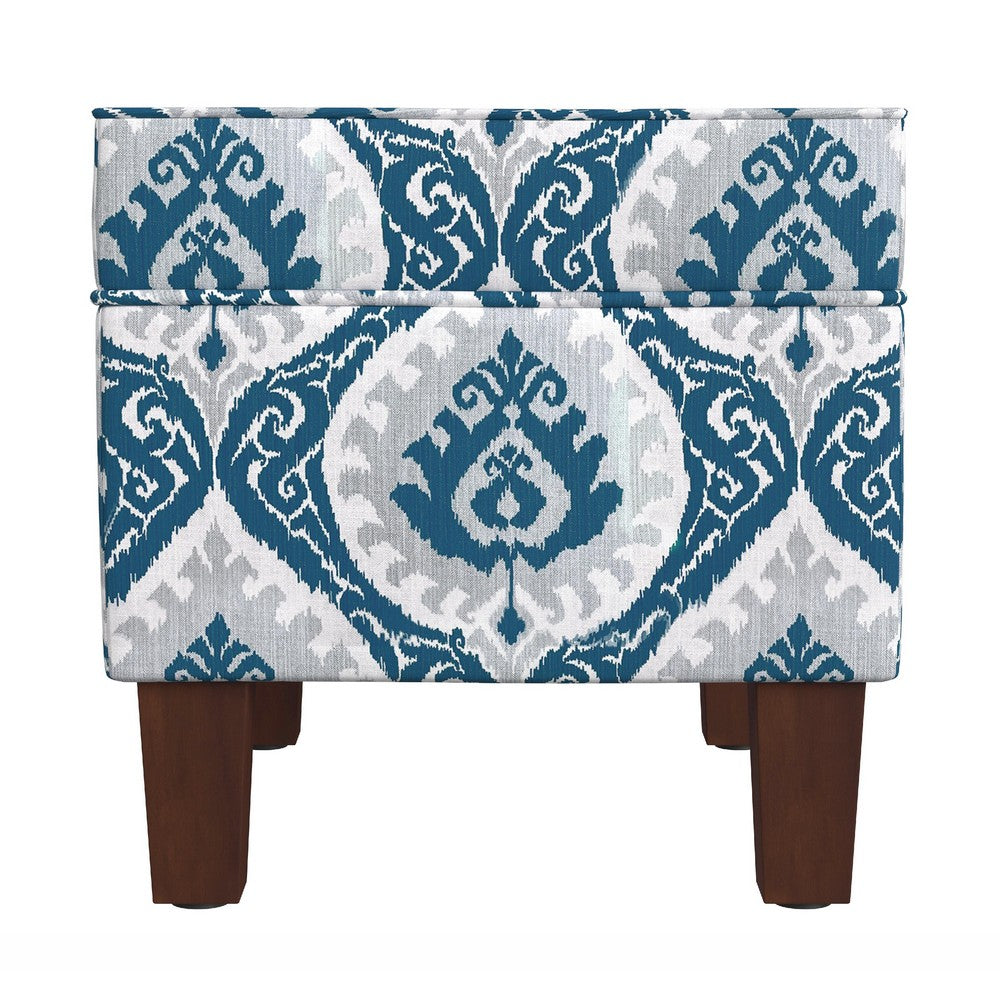 Ishi Accent Storage Ottoman, 22 Inch Blue White Ikat Paisley Pattern -BM334446