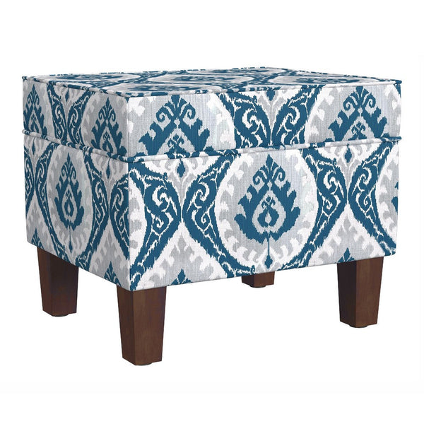 Ishi Accent Storage Ottoman, 22 Inch Blue White Ikat Paisley Pattern -BM334446