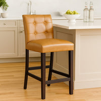 Popa Counter Stool Chair Set of 2, Brown Faux Leather, Tufted Back -BM334451