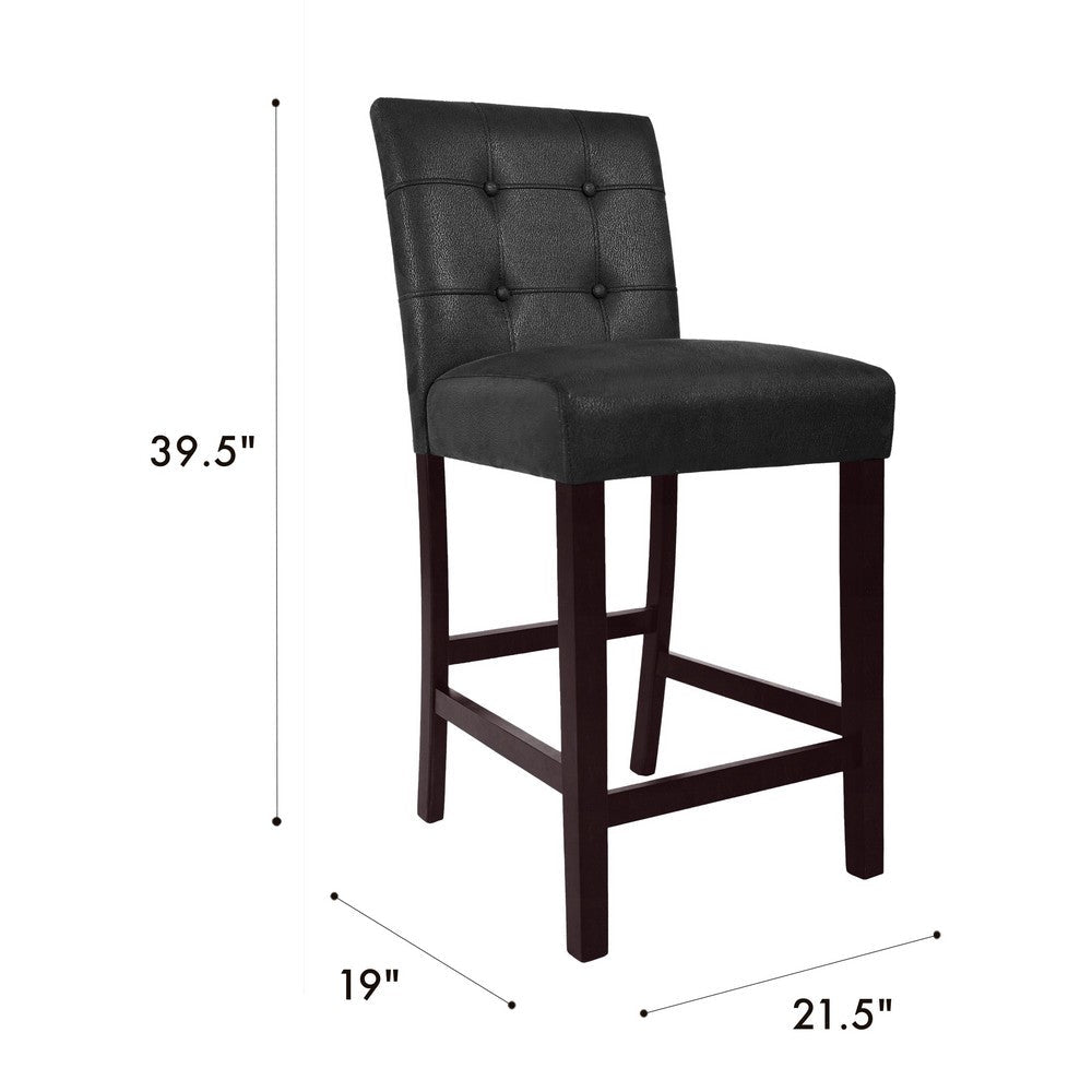 Popa Counter Stool Chair Set of 2, Black Faux Leather, Tufted Back -BM334452