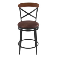 Swivel Counter Stool Chair, Industrial Black Metal, Brown Faux Leather -BM334453