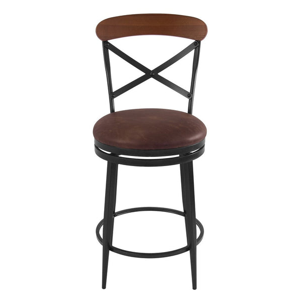 Swivel Counter Stool Chair, Industrial Black Metal, Brown Faux Leather -BM334453