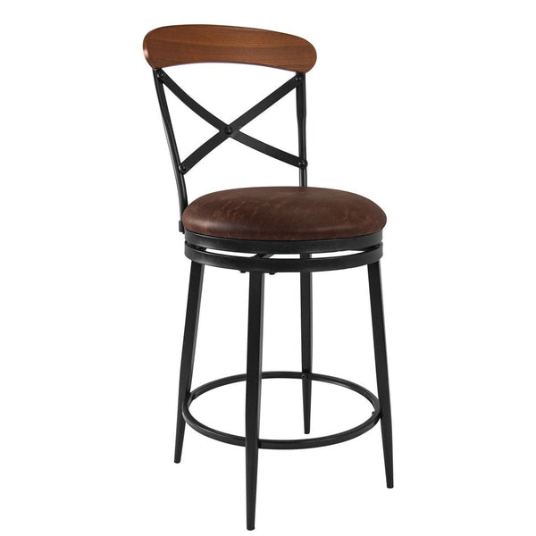 Swivel Counter Stool Chair, Industrial Black Metal, Brown Faux Leather -BM334453