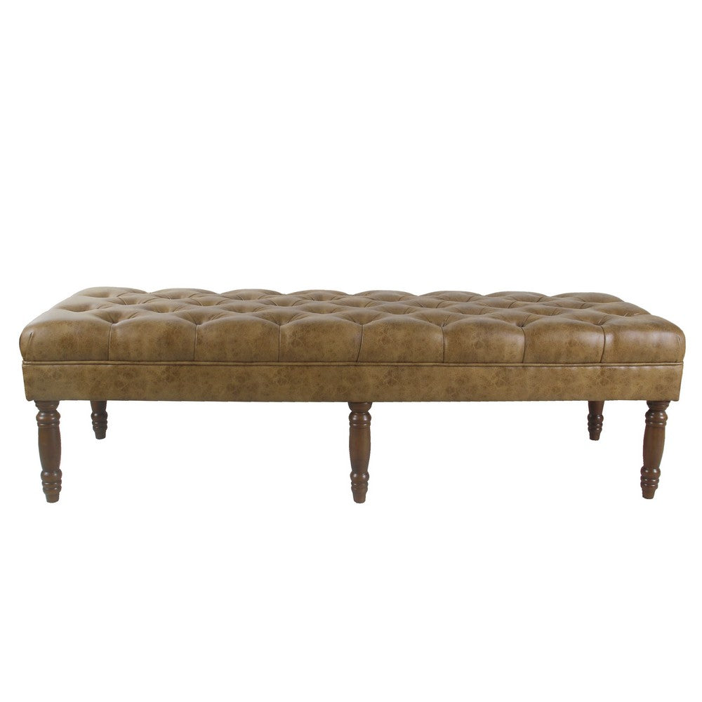 Accent Dining Bench, 64 Inch Brown Faux Leather Seat, Button Tufted -BM334456