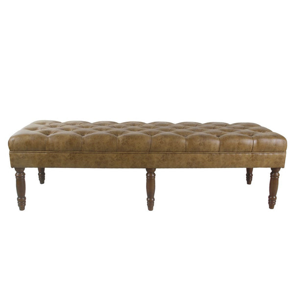 Accent Dining Bench, 64 Inch Brown Faux Leather Seat, Button Tufted -BM334456