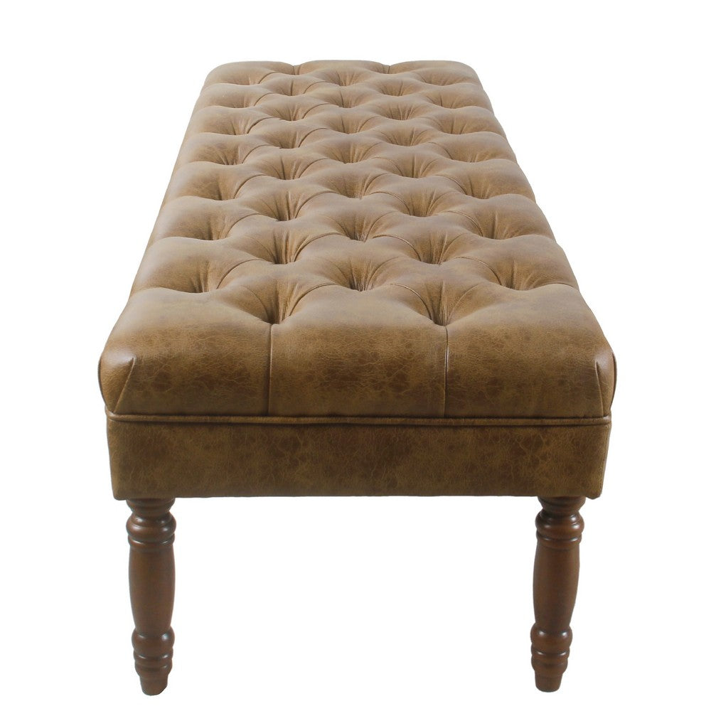 Accent Dining Bench, 64 Inch Brown Faux Leather Seat, Button Tufted -BM334456
