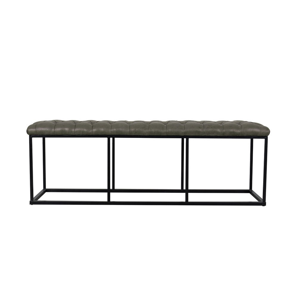Ali Ottoman Bench, Open Metal Frame, Gray Tufted Faux Leather 52 Inch -BM334457