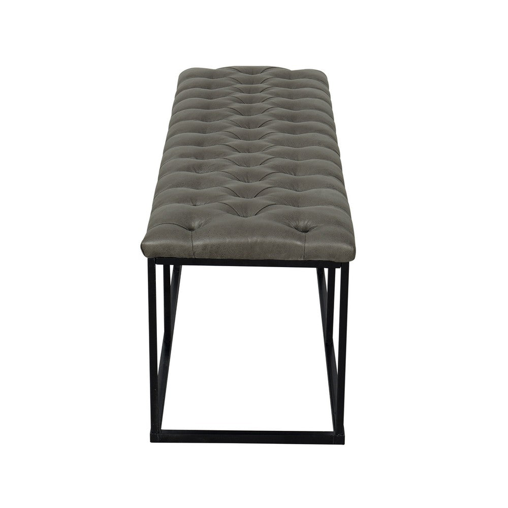 Ali Ottoman Bench, Open Metal Frame, Gray Tufted Faux Leather 52 Inch -BM334457