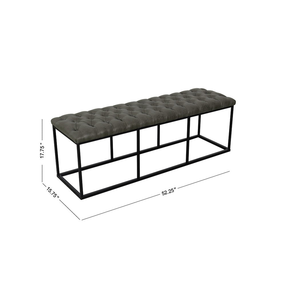 Ali Ottoman Bench, Open Metal Frame, Gray Tufted Faux Leather 52 Inch -BM334457