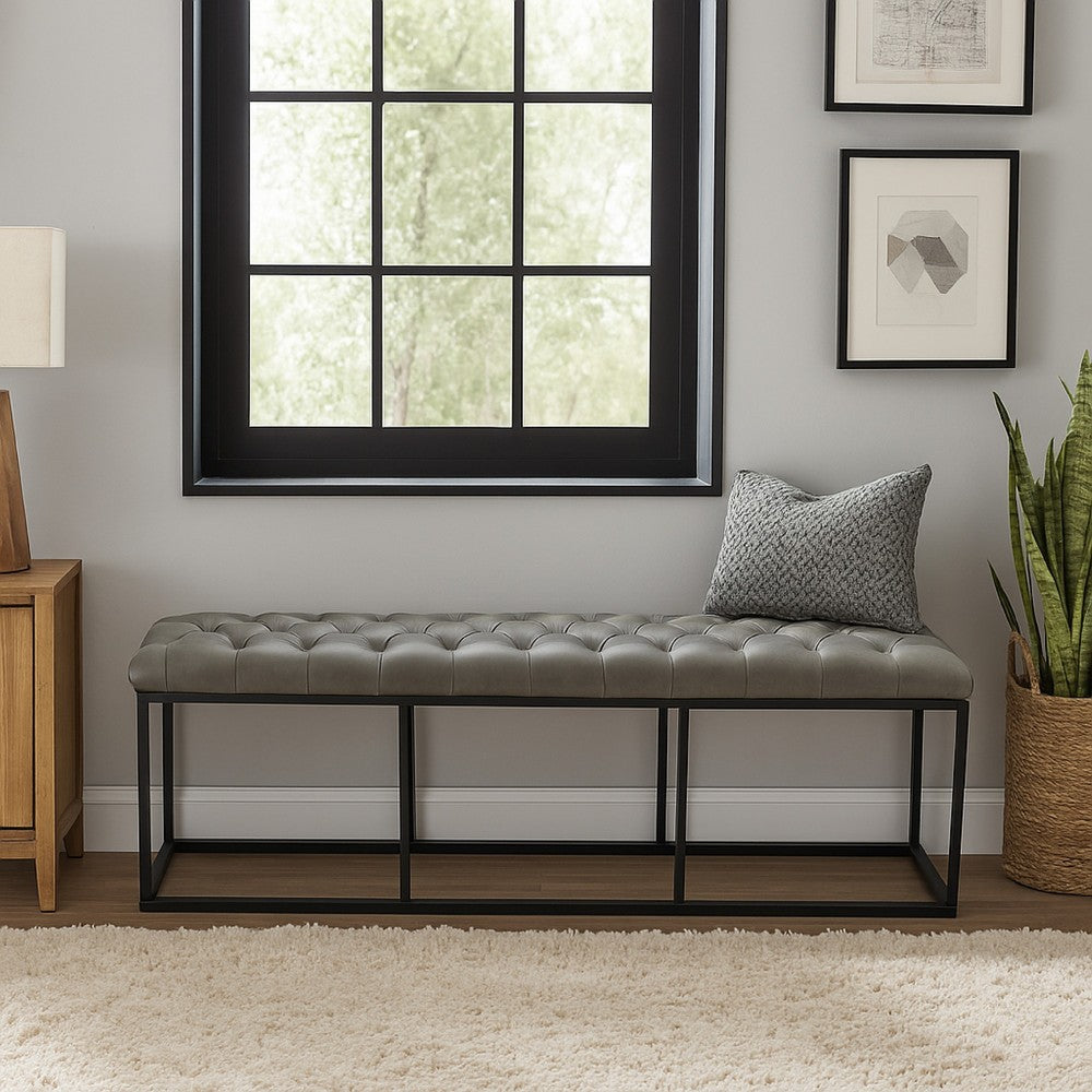 Ali Ottoman Bench, Open Metal Frame, Gray Tufted Faux Leather 52 Inch -BM334457