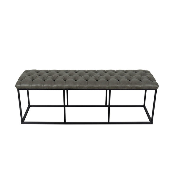 Ali Ottoman Bench, Open Metal Frame, Gray Tufted Faux Leather 52 Inch -BM334457
