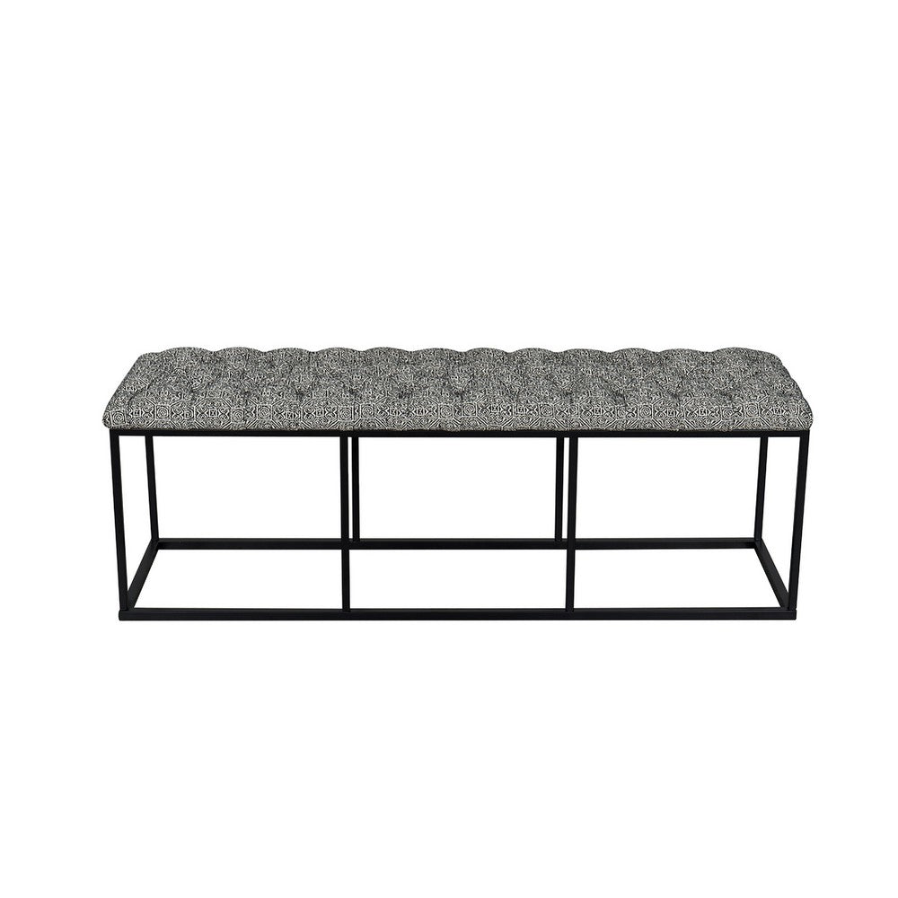 Ali Ottoman Bench, Metal, Black White Button Tufted Fabric 52 Inch -BM334458