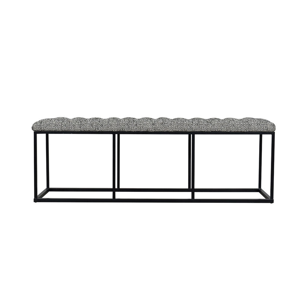 Ali Ottoman Bench, Metal, Black White Button Tufted Fabric 52 Inch -BM334458