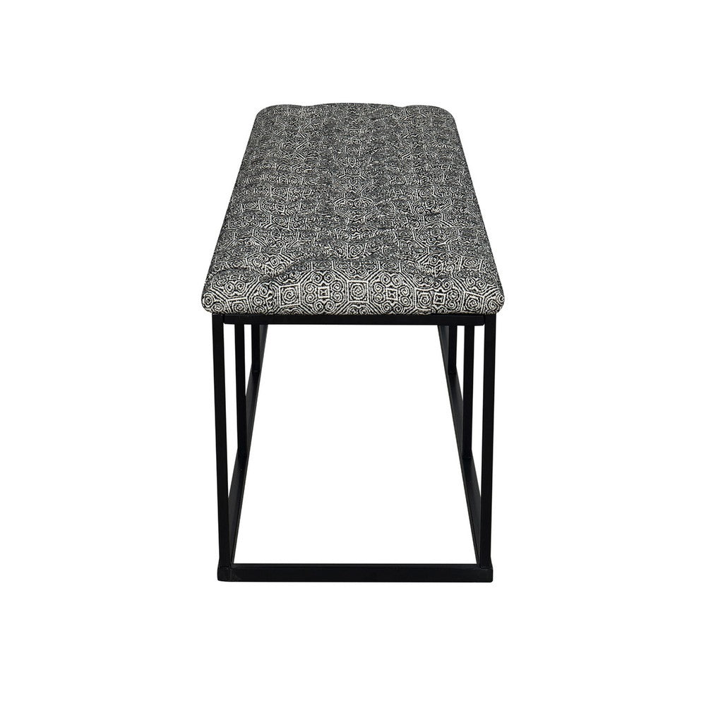 Ali Ottoman Bench, Metal, Black White Button Tufted Fabric 52 Inch -BM334458