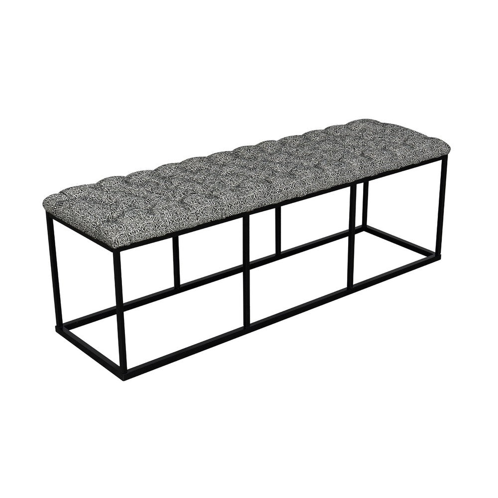 Ali Ottoman Bench, Metal, Black White Button Tufted Fabric 52 Inch -BM334458