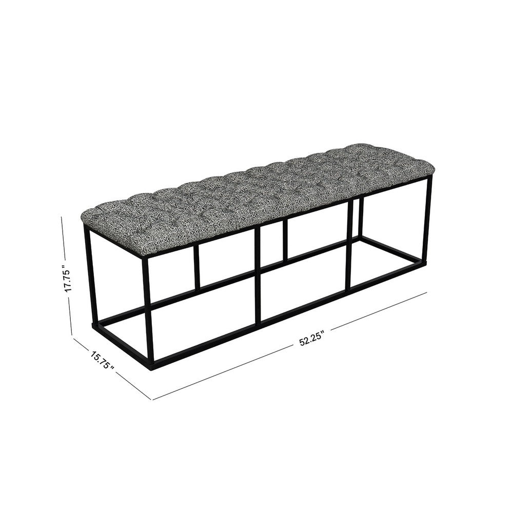 Ali Ottoman Bench, Metal, Black White Button Tufted Fabric 52 Inch -BM334458