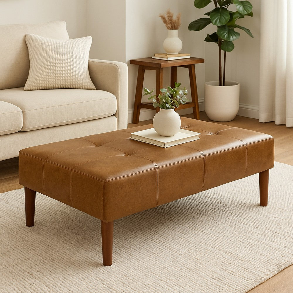 Coffee Table Ottoman, Brown Wood and Tufted Faux Leather, 46 Inch -BM334459