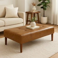 Coffee Table Ottoman, Brown Wood and Tufted Faux Leather, 46 Inch -BM334459