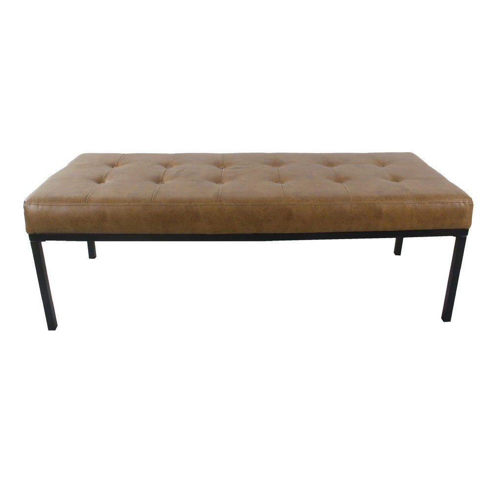 Alp Bench, Black Open Metal Frame, Brown Tufted Faux Leather 54 Inch -BM334461