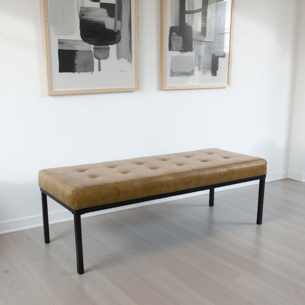 Alp Bench, Black Open Metal Frame, Brown Tufted Faux Leather 54 Inch -BM334461