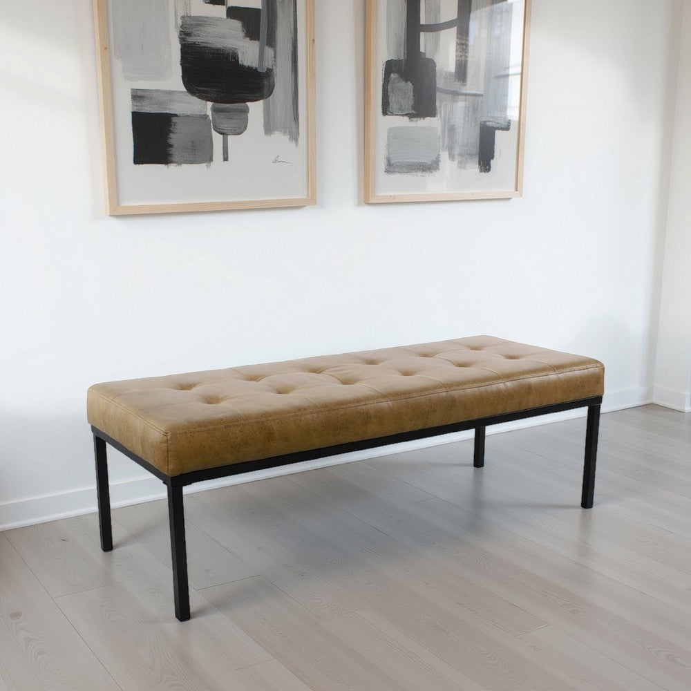 Alp Bench, Black Open Metal Frame, Brown Tufted Faux Leather 54 Inch -BM334461