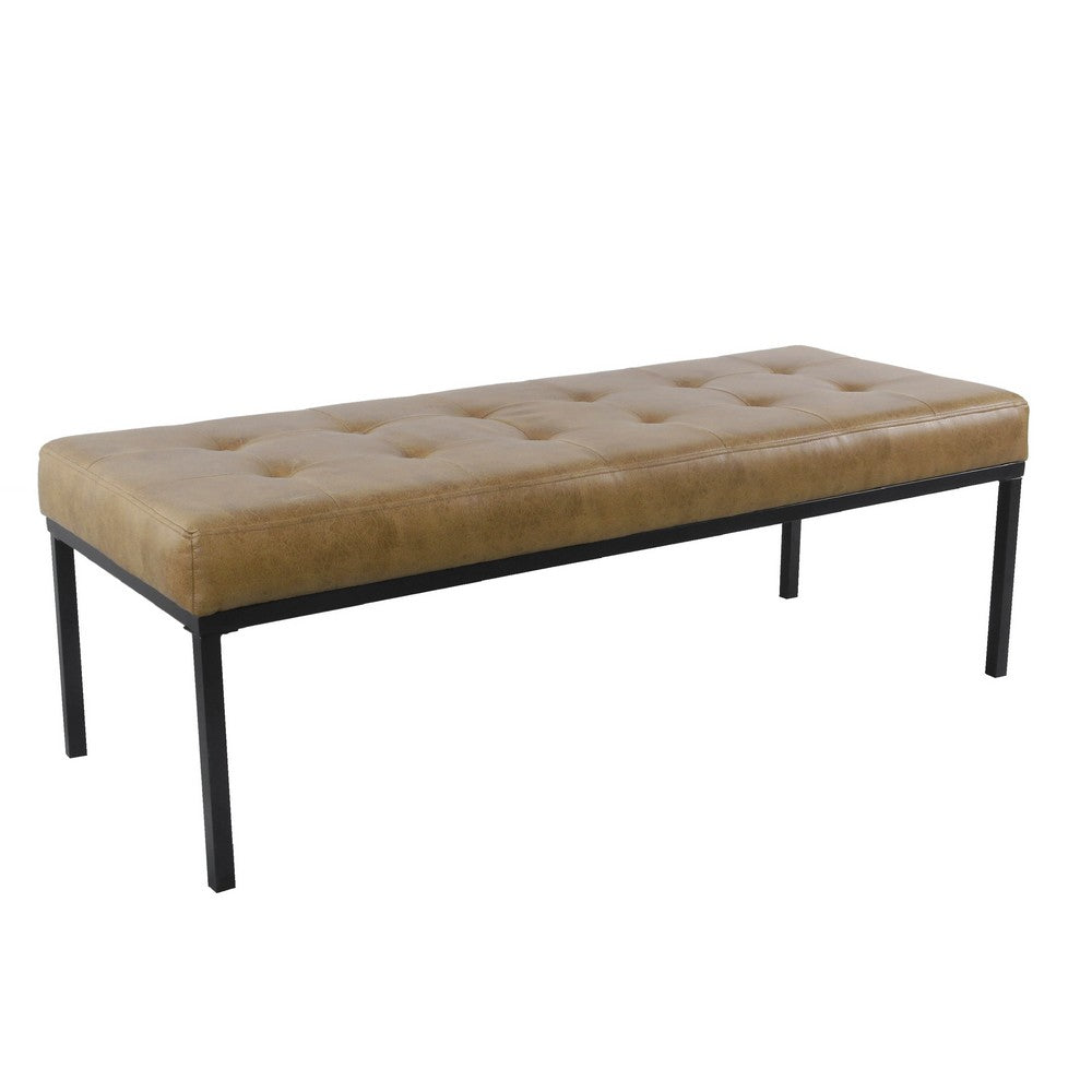 Alp Bench, Black Open Metal Frame, Brown Tufted Faux Leather 54 Inch -BM334461