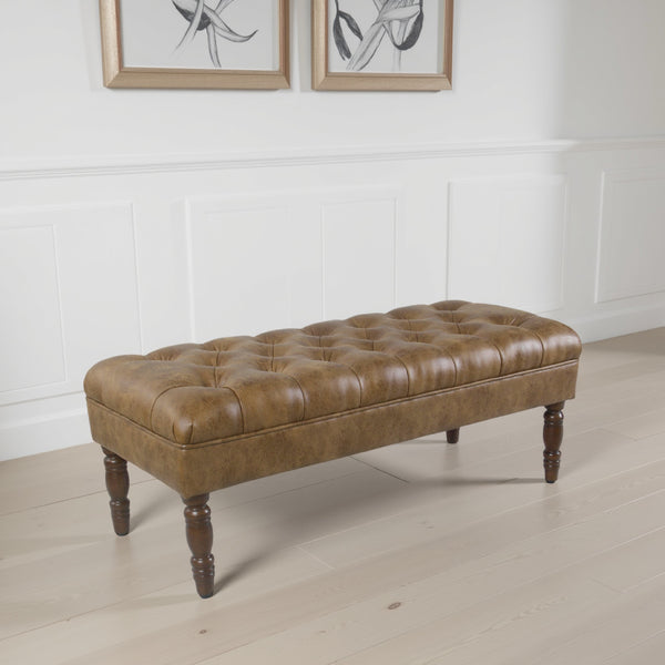 Accent Bench, Solid Wood, Brown Button Tufted Faux Leather 42 Inch -BM334462
