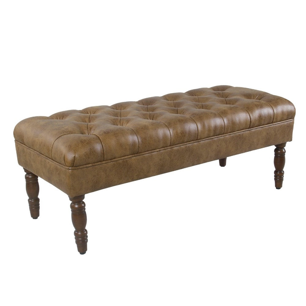 Accent Bench, Solid Wood, Brown Button Tufted Faux Leather 42 Inch -BM334462