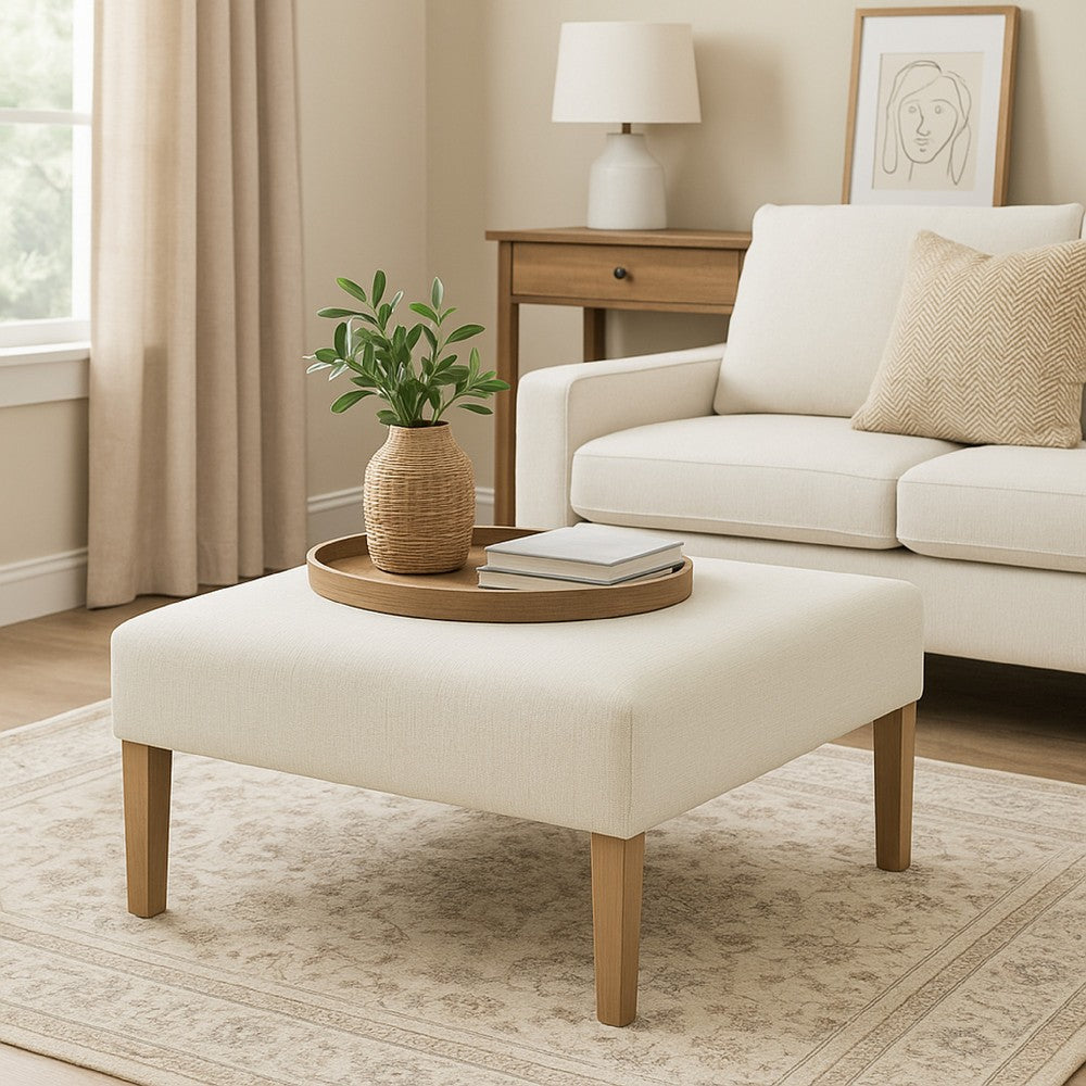 Dan Square Coffee Table Ottoman, Brown Wood, Cream Polyester 36 Inch -BM334463