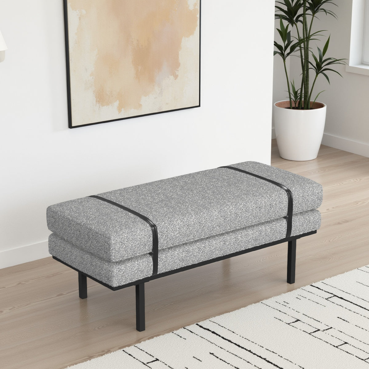 Bench, Black Metal Base, Gray Boucle and Yarn, Faux Leather, 46 Inch -BM334465