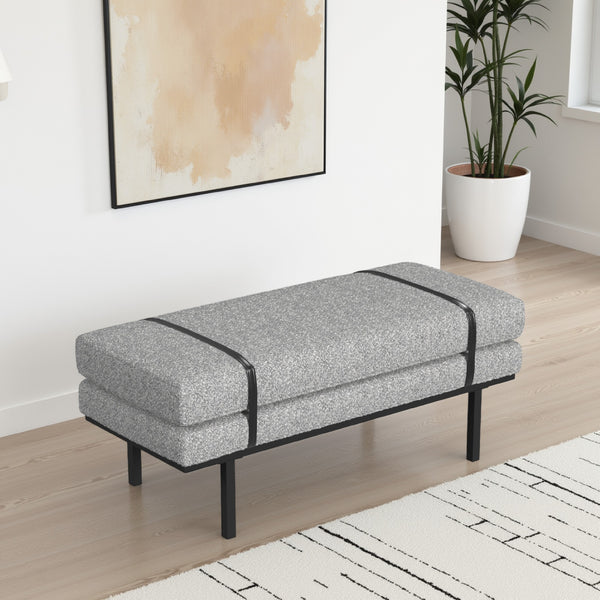 Bench, Black Metal Base, Gray Boucle and Yarn, Faux Leather, 46 Inch -BM334465