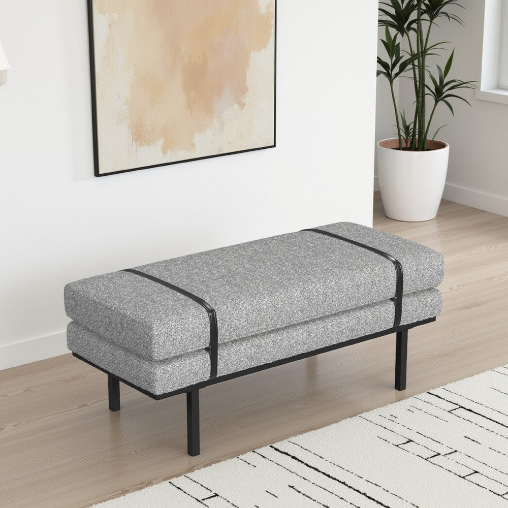 Bench, Black Metal Base, Gray Boucle and Yarn, Faux Leather, 46 Inch -BM334465