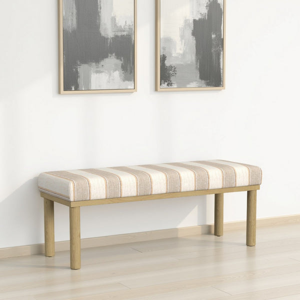 Fin Bench, Natural Brown Wood, Striped Tan Cream Polyester 48 Inch -BM334467