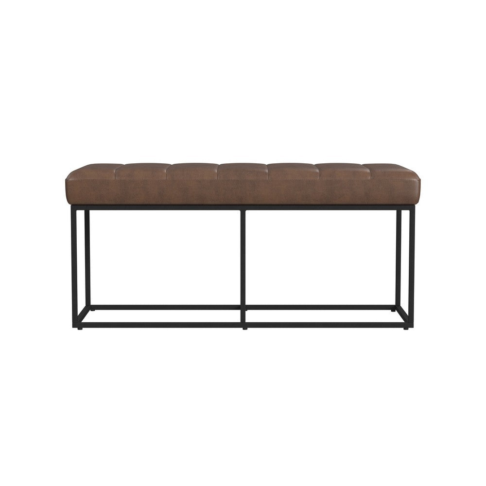 Kai Bench, Open Metal Frame, Brown Channel Stitch Faux Leather 43 Inch -BM334471