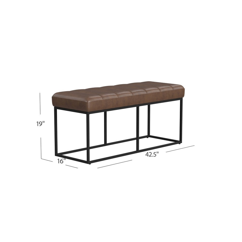 Kai Bench, Open Metal Frame, Brown Channel Stitch Faux Leather 43 Inch -BM334471
