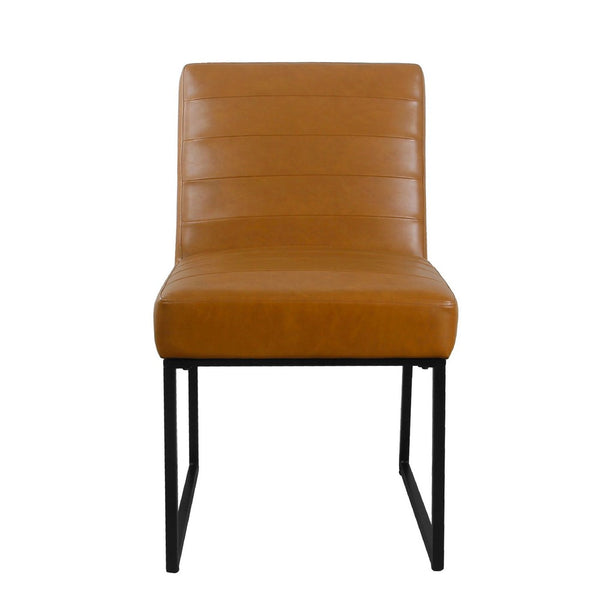 Dining Chair, Black Metal, Caramel Brown Channel Stitched Faux Leather -BM334493