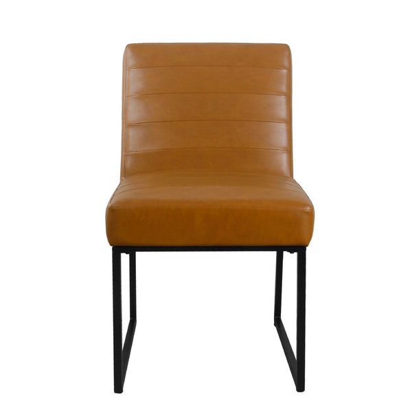 Dining Chair, Black Metal, Caramel Brown Channel Stitched Faux Leather -BM334493