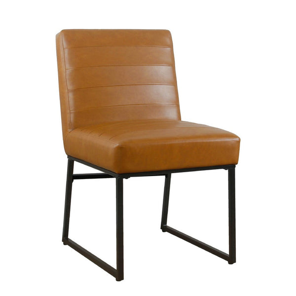 Dining Chair, Black Metal, Caramel Brown Channel Stitched Faux Leather -BM334493