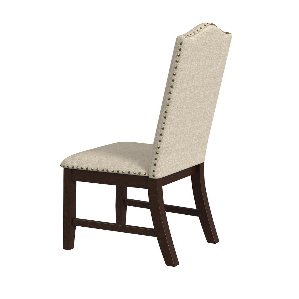 Dining Chair Set of 2, Scalloped Back, Cherry Wood, Beige Fabric -BM334510